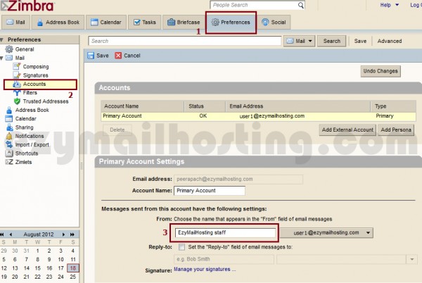 Chang name that appear in From field on Zimbra