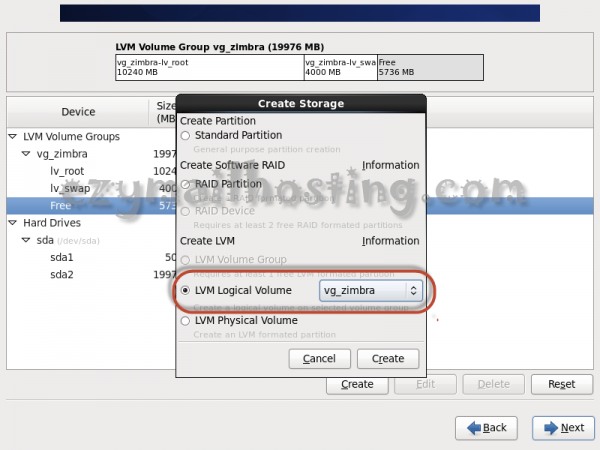 Select volumn zimbra - install centos 6