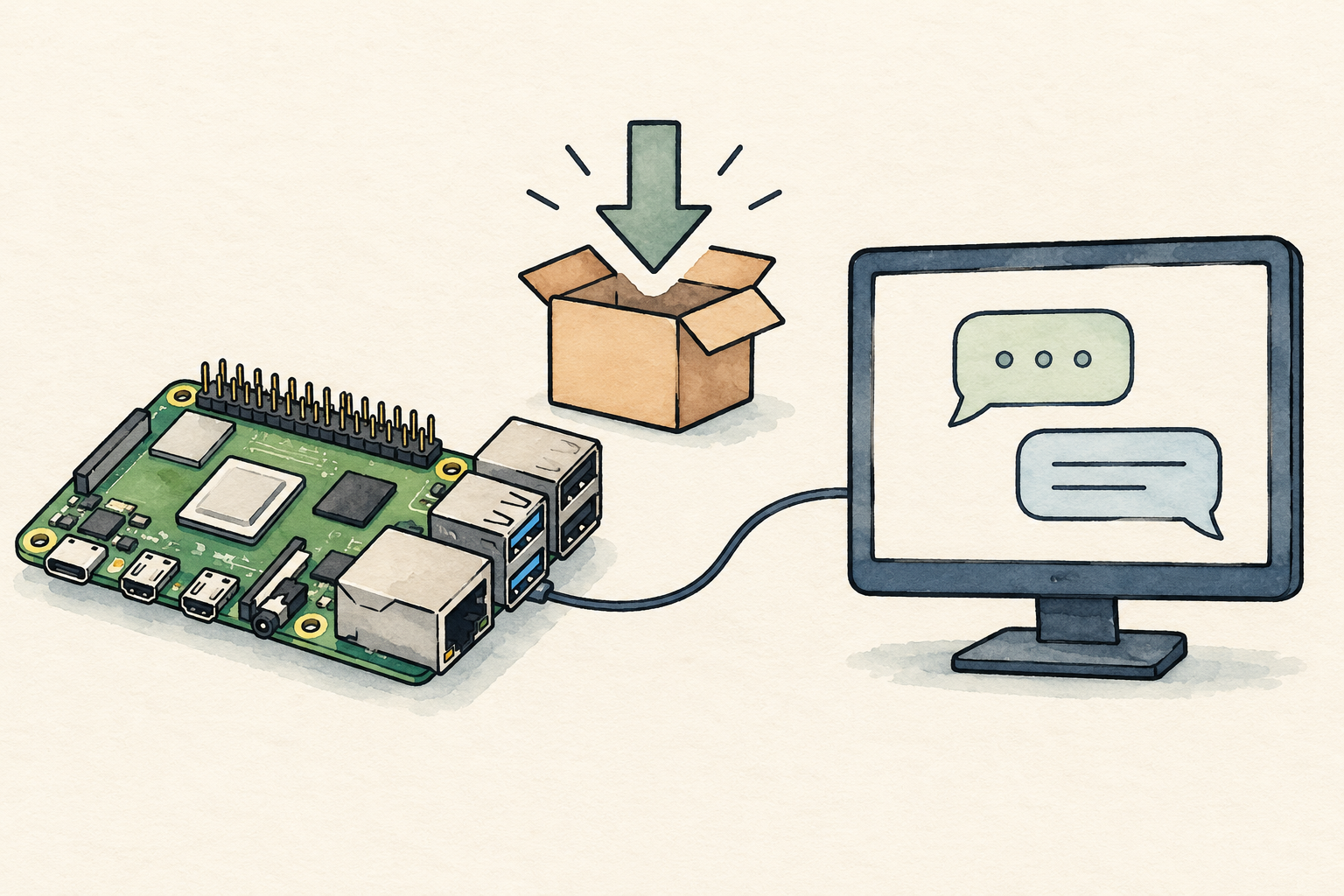 Illustration of a Raspberry Pi, chat screen, and software package download