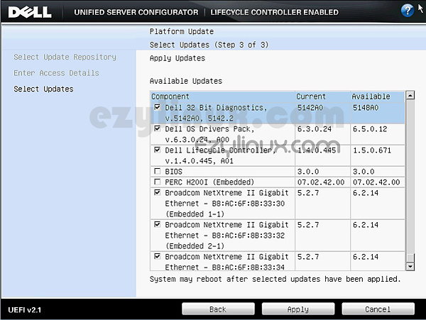 select update components on system service